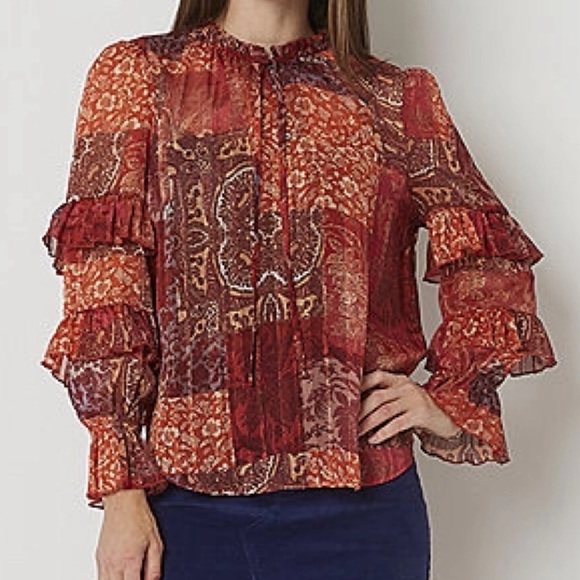 Frye and Co Patchwork Floral Combo Long Ruffled Sleeve Blouse Top Size Small - Picture 1 of 8